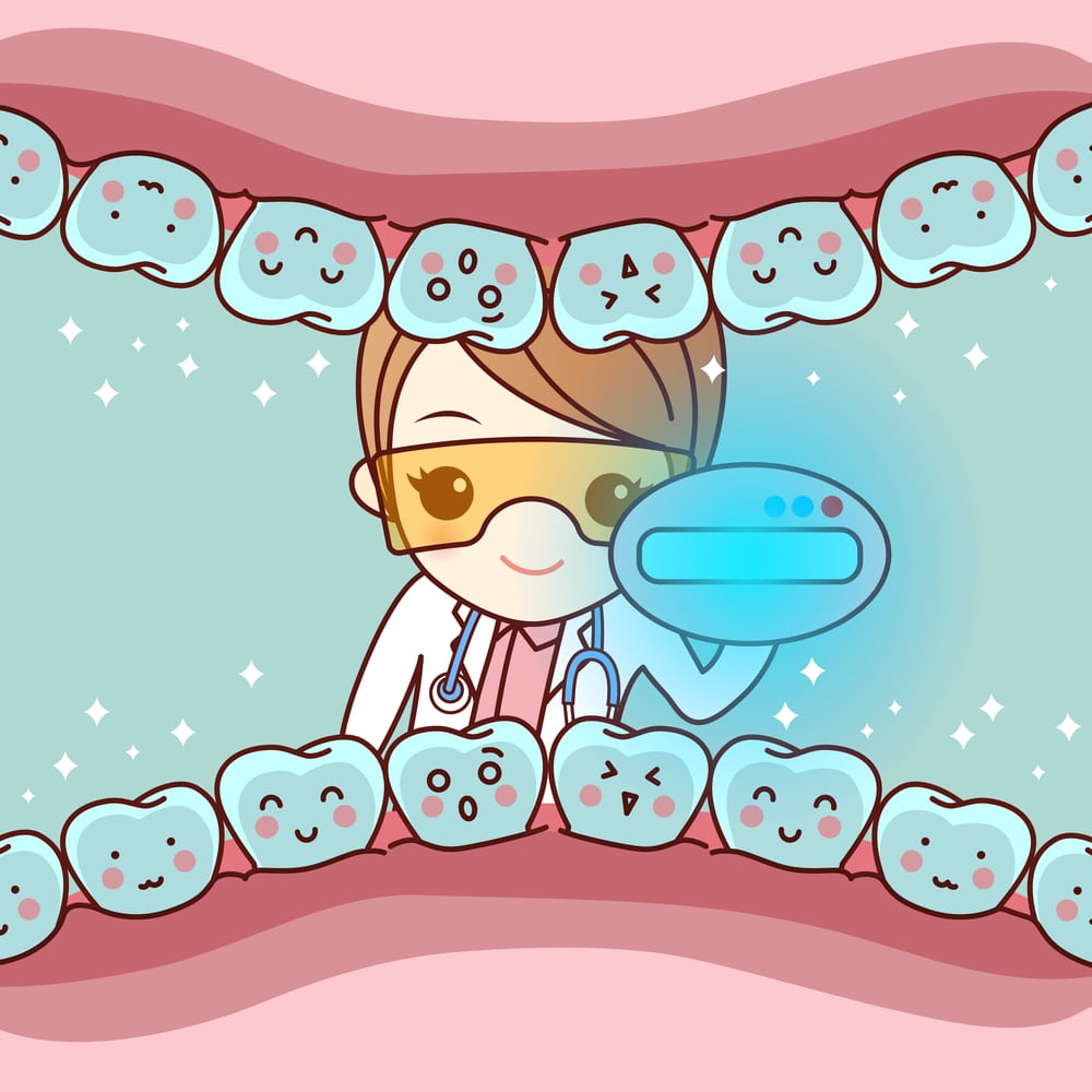 cartoon doctor dentist with tooth and whitening tool, great for dental care and teeth whitening and bleaching concept